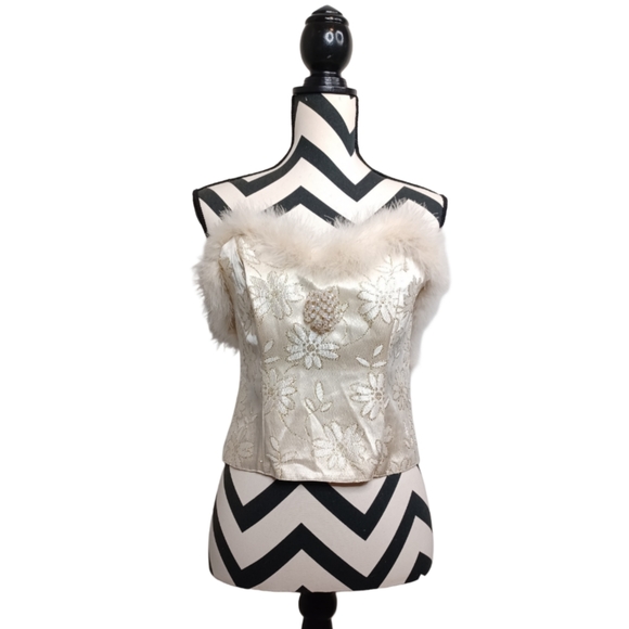 Victoria's Secret Gold Label Vintage Rare Feather Trim Floral Satin Corset Top - Picture 1 of 14